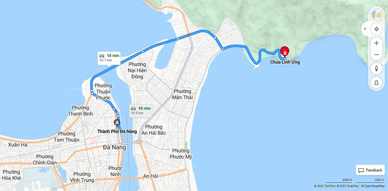 Khoảng cách từ trung tâm thành phố Đà Nẵng đến chùa Linh Ứng Bãi Bụt